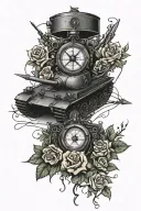 army tank with compass and crossed swords surrounded by roses and vines tattoo design idea