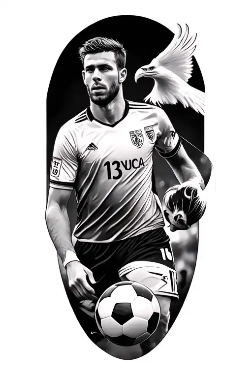 half sleeve tattoo with white sea eagle, faded soccer player with numer 13 on his back, lion,  tattoo design idea