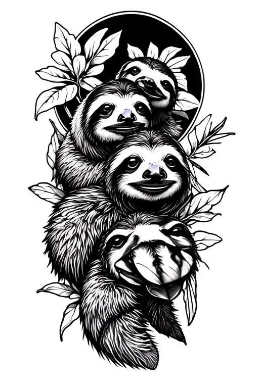 adult sleeve tattoo in a graphic style, black and white, base the tattoo on nature and three animals, bumblebee, sloth a tattoo design idea