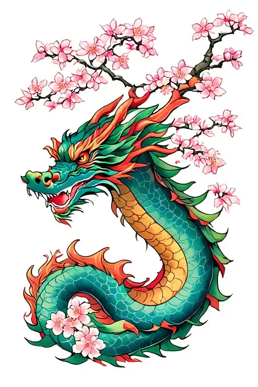 sakura tree growing dragon wrapped sleeve tattoo design idea