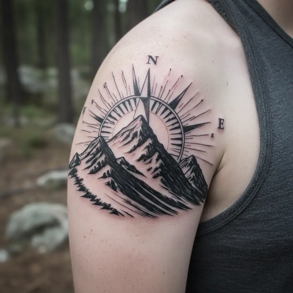 mountain with ski slope and compass rose as sun tattoo design idea