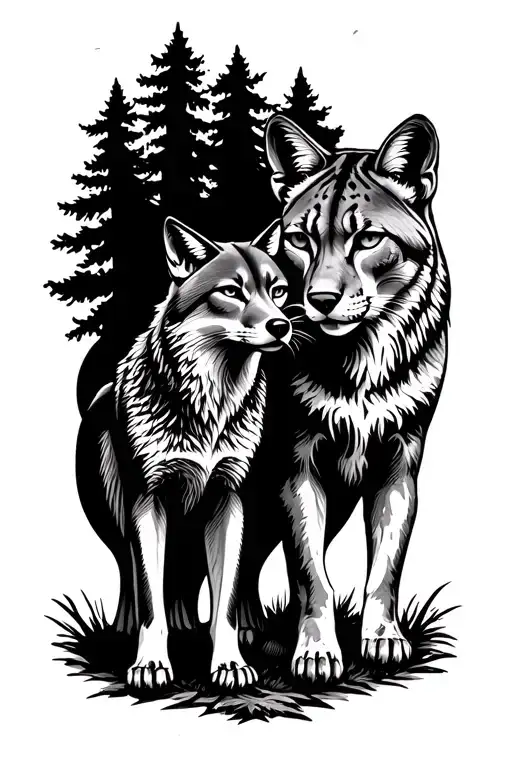 Coyote and a Cougar standing side by side in a forest tattoo design idea
