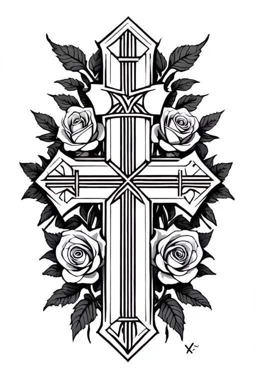 cross with Roman Numeralsand roses  tattoo design idea
