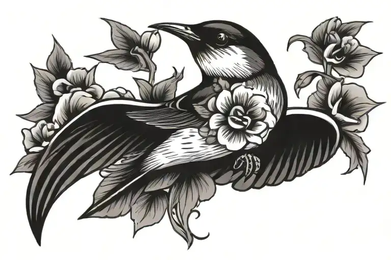 old school traditional swallow flying with flower in beak tattoo design idea