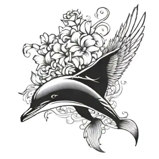 a horizontal angel wing that has flowers on it then a space leading to a dolphin that also has flowers on it tattoo design idea