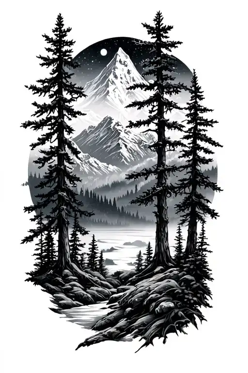 forest with mountain in the background and a starry sky tattoo design idea
