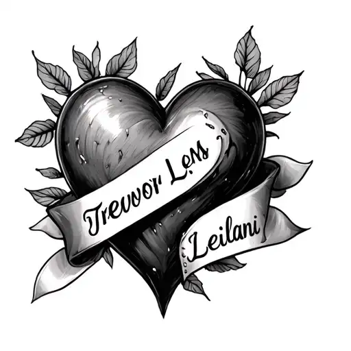 a realistic shaded heart tattoo stitched placed where the heart is with the name treavor and Leilani in it tattoo design idea