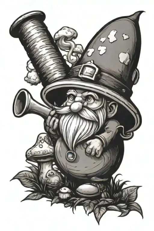 gnome smoke pot in a mushroom field tattoo design idea
