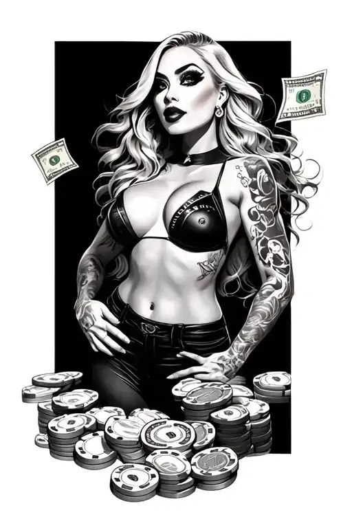sexy blonde curvy woman with rolls of money, casino chips, supercar, evil eye,   tattoo design idea