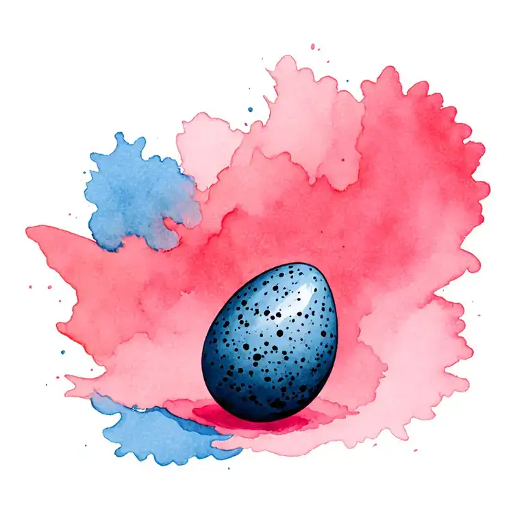 black speckled egg surrounded by pink and blue watercolor tattoo design idea
