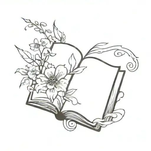 A tattoo design of an open book with intricate floral designs growing out of the pages, symbolizing your love for reading and flowers tattoo design idea
