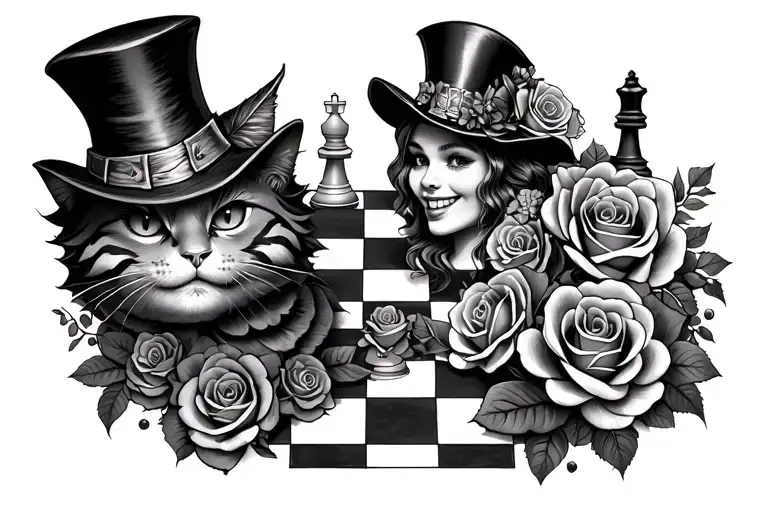 Alice in Wonderland tattoo featuring cheshire cat mad hatter and march hair and alice and roses and chess board angry tattoo design idea