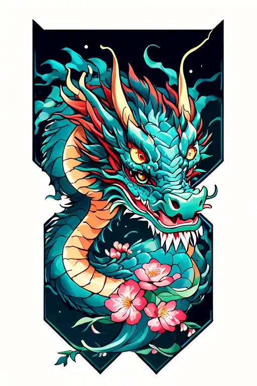 Japanese dragon diamond shape and cherry blossom  tattoo design idea