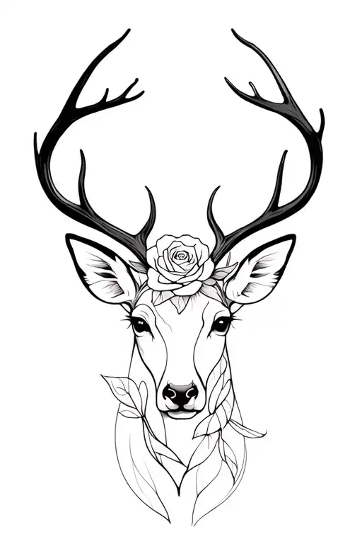 deer and rose intertwined black and white tattoo design idea