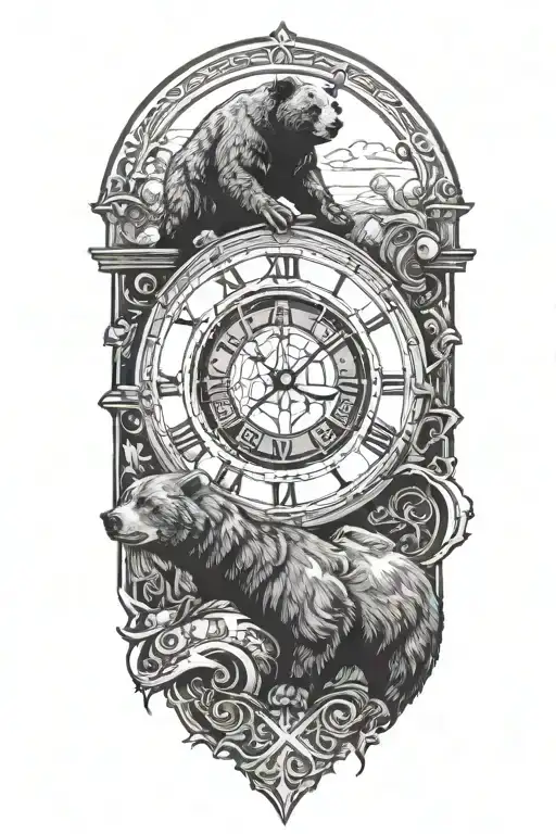 Bear, Cross, Clock, V42 Knife, The letter N hidden tattoo design idea