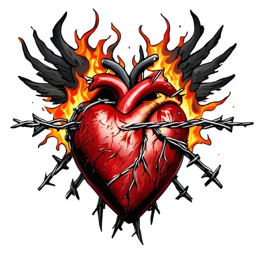 sacred heart with barbed wire and flames coming out of the top  tattoo design idea