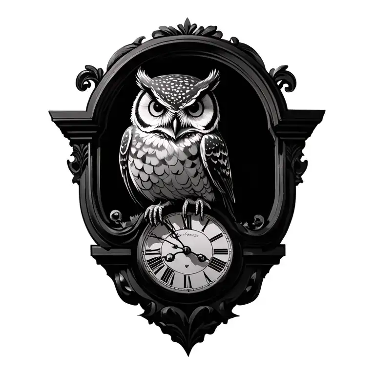 owl perched on the top grandfather clock mechanical tattoo design idea