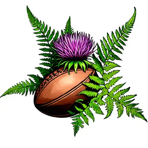 Scottish thistle, New Zealand fern on a rugby ball tattoo design idea