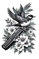 1911  gun flowers and leaves birds tattoo design idea