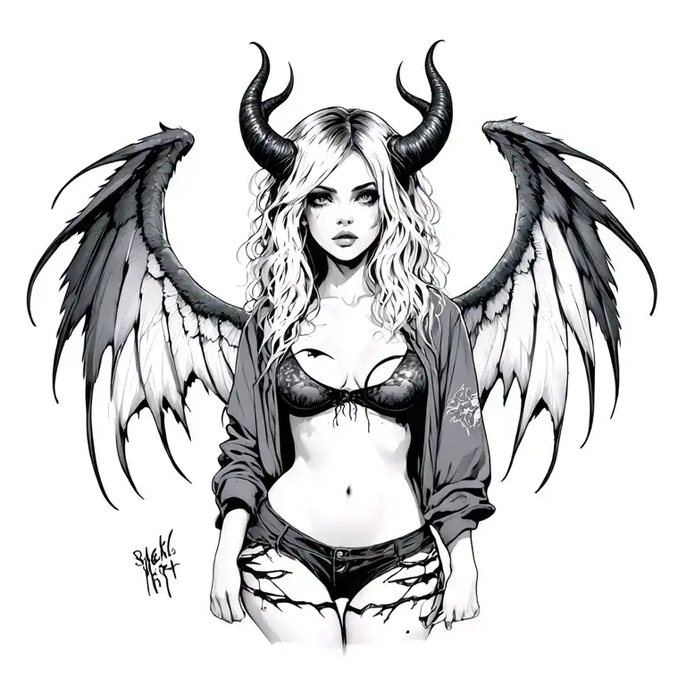 Sexy Pale Girl, Petite, Big Boobs, Wide Hips, G-String, Messy Dark Hair, Demonic Horns, Demonic Wings, Ripped Shirt tattoo design idea