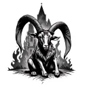 baphomet goat sitting front of the burning church tattoo design idea