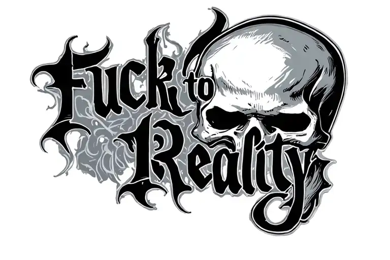the phrase "Fuck to Reality" with sorrow skull tattoo design idea