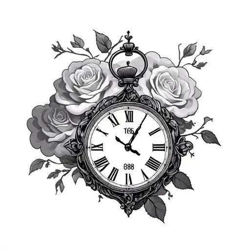 1988 in Roman numerals with clock clouds and rose intertwined tattoo design idea