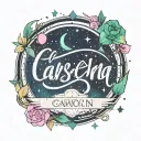 Cassiopeia constellation made with pastel pink, blue, and green stars, with the name Camron Jai written near in cursive tattoo design idea