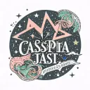 Cassiopeia constellation made with pastel pink, blue, and green stars, with the name Camron Jai written near in cursive tattoo design idea