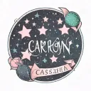 Cassiopeia constellation made with pastel pink, blue, and green stars, with the name Camron Jai written near in cursive tattoo design idea