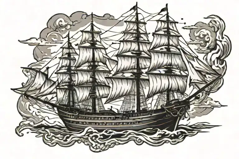 an ominous multi-tiered sailing ship from Priratsk with lights burning in the windows tattoo design idea