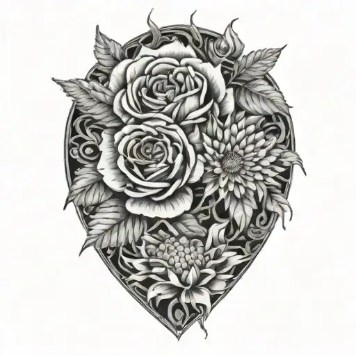 roses and chrysanthemum flowers surrounding a sunflower tattoo design idea