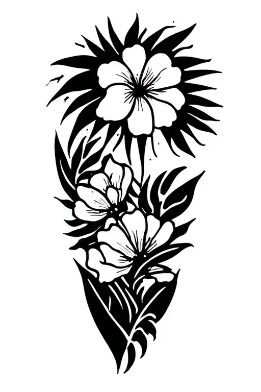 Hawaiian/ Chamorro tattoo, feminine, flower and palm leaves, sun, ocean themes. tattoo design idea