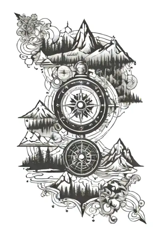 mountains, travel, compass, passport, world, forest tattoo design idea