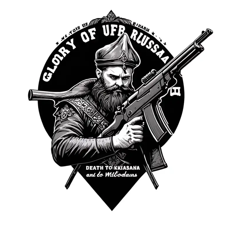 A man with a beard in the Cossacks Kubank with a Kalashnikov automatic machine. The inscription is the glory of Russia. Death to Ukrainians and Moldovans. tattoo design idea