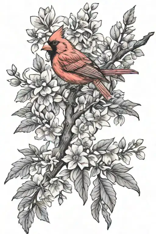 red cardinal perched on a tree branch with flower surrounded tattoo design idea
