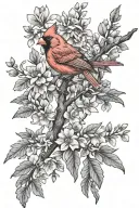 red cardinal perched on a tree branch with flower surrounded tattoo design idea