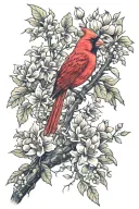 red cardinal perched on a tree branch with flower surrounded tattoo design idea