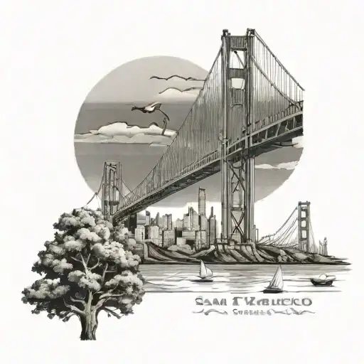 Spell San Francisco, with Golden Gate Bridge, and trees, and the number 50, and a golden retrever tattoo design idea