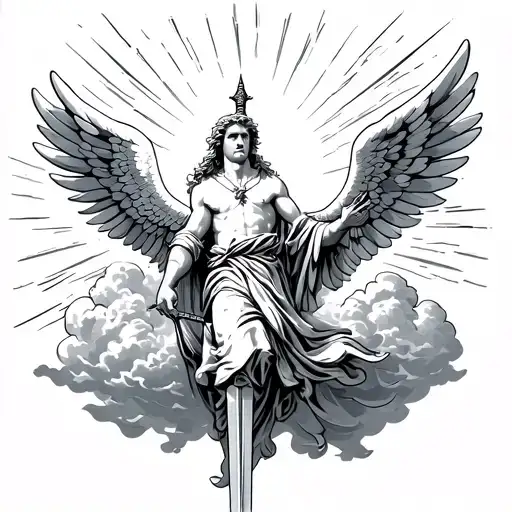 arch angel michael floating with clouds in the back and rays of sunshine shining thought the clouds and a sword tattoo design idea