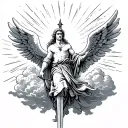 arch angel michael floating with clouds in the back and rays of sunshine shining thought the clouds and a sword tattoo design idea