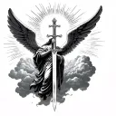 arch angel michael floating with clouds in the back and rays of sunshine shining thought the clouds and a sword tattoo design idea