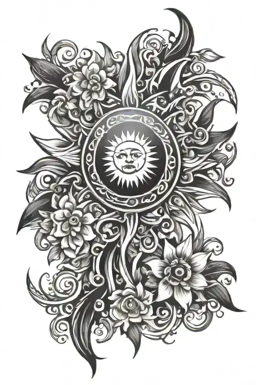 sun tribal with flowers coming tattoo design idea