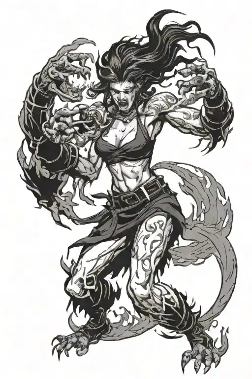 beast fighter with black belt and the fire flaming in her hands tattoo design idea