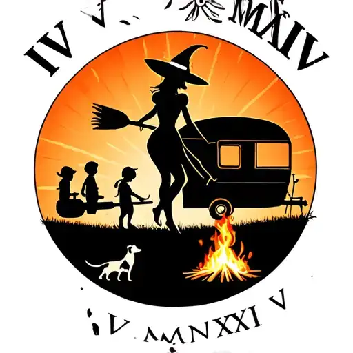 "IV V MMXIV" "IV V MMXIV" "IV V MMXIV" "IV V MMXIV" "IV V MMXIV" silhouette of busty sexy witch bride on broomstick over a campsite with a trailer and campfire with children & dog tattoo design idea