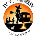 "IV V MMXIV" "IV V MMXIV" "IV V MMXIV" "IV V MMXIV" "IV V MMXIV" silhouette of busty sexy witch bride on broomstick over a campsite with a trailer and campfire with children & dog tattoo design idea