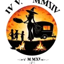 "IV V MMXIV" "IV V MMXIV" "IV V MMXIV" "IV V MMXIV" "IV V MMXIV" silhouette of busty sexy witch bride on broomstick over a campsite with a trailer and campfire with children & dog tattoo design idea