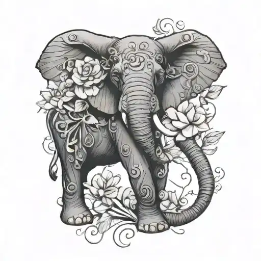 flower vines with elephant holding tattoo design idea