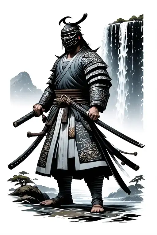 Tall Japanese samurai warrior wearing mask holding a katana standing sideways with waterfall behind him tattoo design idea