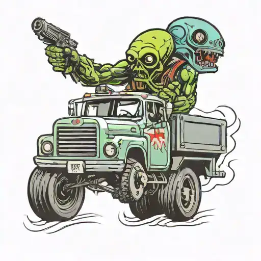 A neotraditional tattoo of a semitruck driver battling aliens from a video game tattoo design idea